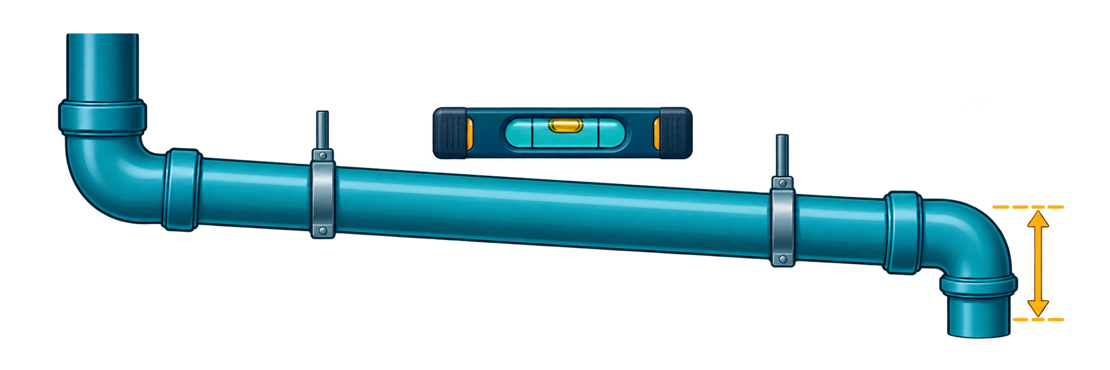 A gently sloped drain pipe with a bubble level
