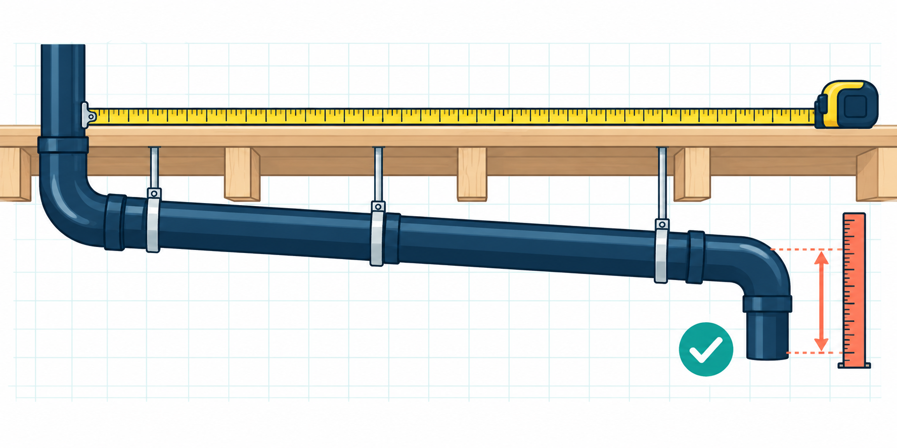 An installed drain run being checked with a tape measure along its route and a ruler showing the vertical fall.
