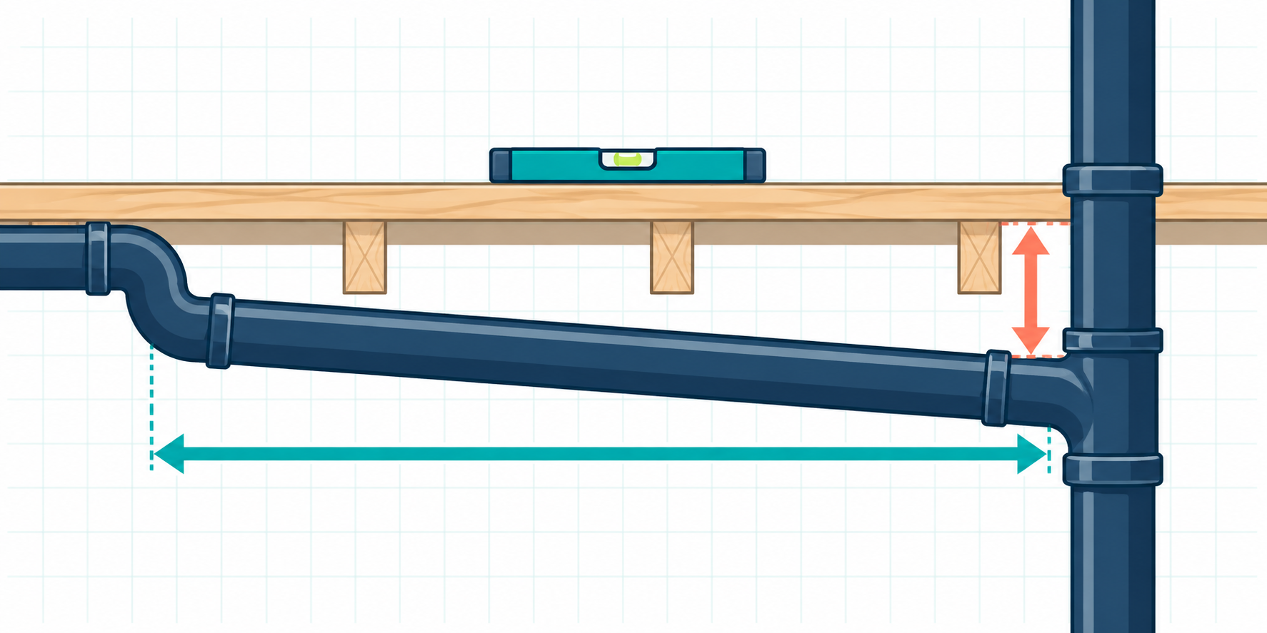 A drain pipe running beneath floor framing toward a stack, with arrows showing its maximum route length and fixed available drop.