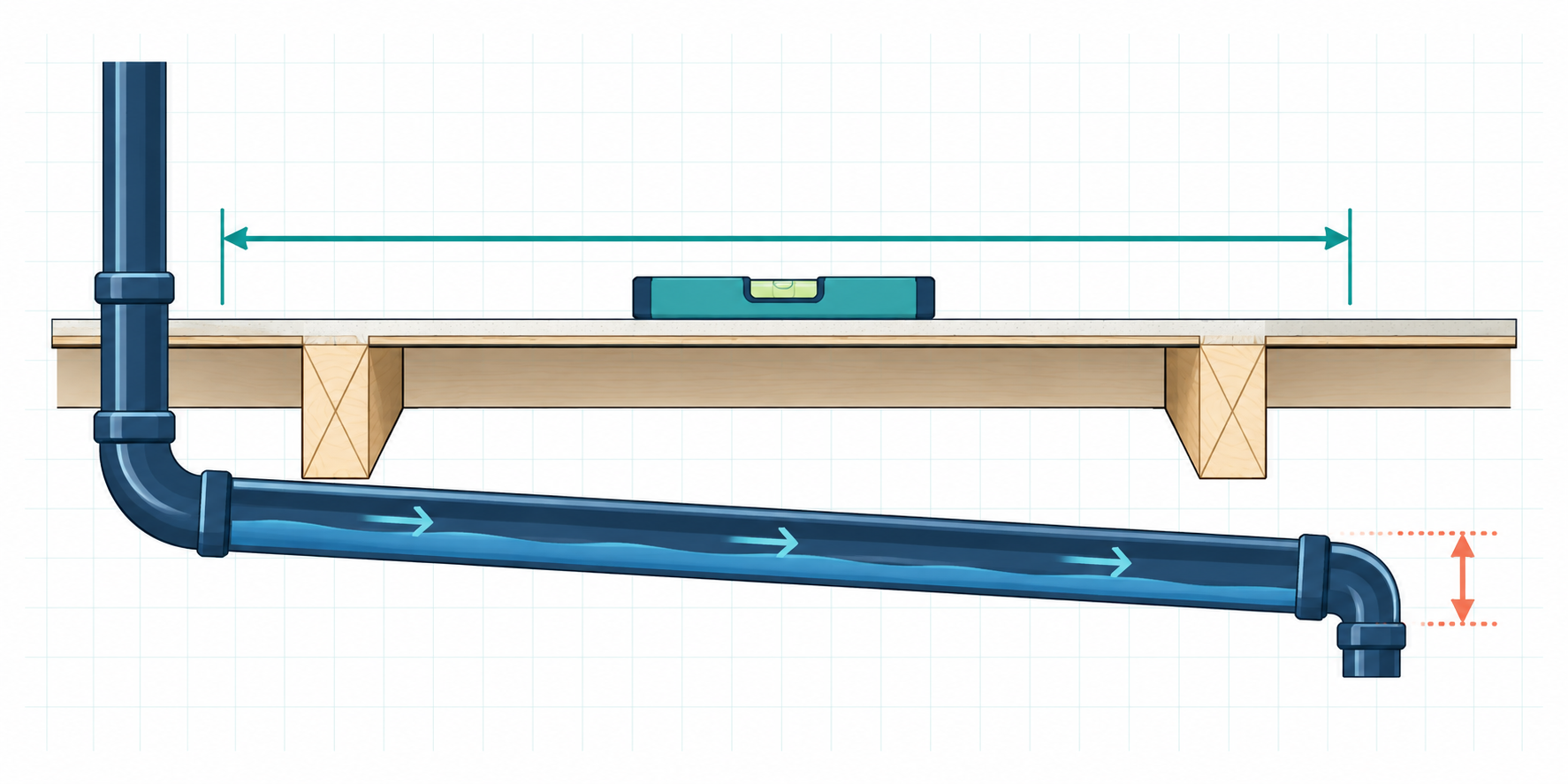 A drain pipe below a floor, with a level, a long horizontal measurement arrow, and a short vertical drop arrow.