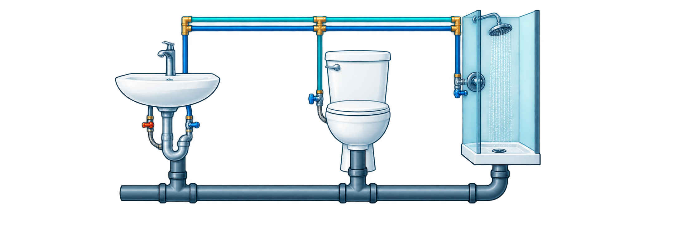 Sink, toilet and shower connected to plumbing lines