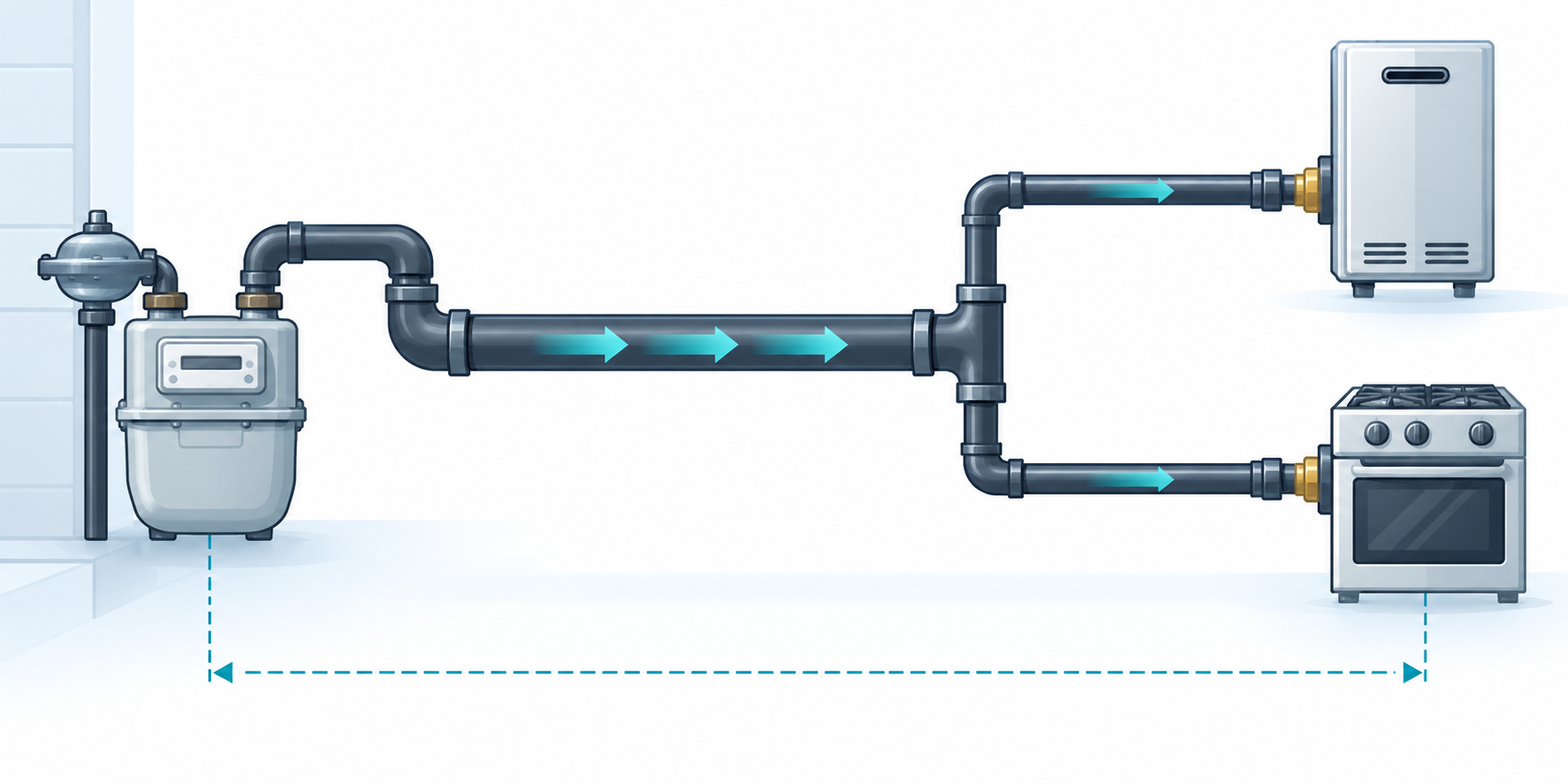 A gas meter feeds a large main pipe that splits into two branch pipes, one serving a wall-mounted appliance and the other serving a range. Teal arrows show gas flow, and a dashed dimension line runs to the most remote appliance.