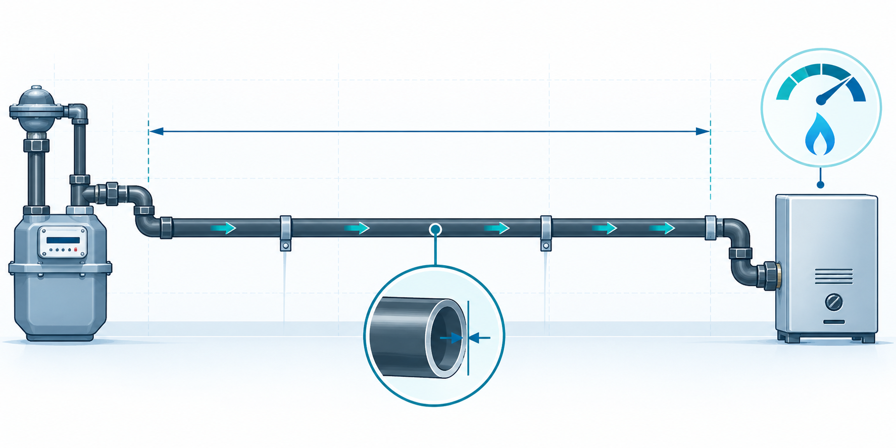 A gas meter feeds one dark steel pipe with teal flow arrows toward a gas appliance. A dimension line follows the pipe route and a magnified pipe end highlights the nominal pipe size.