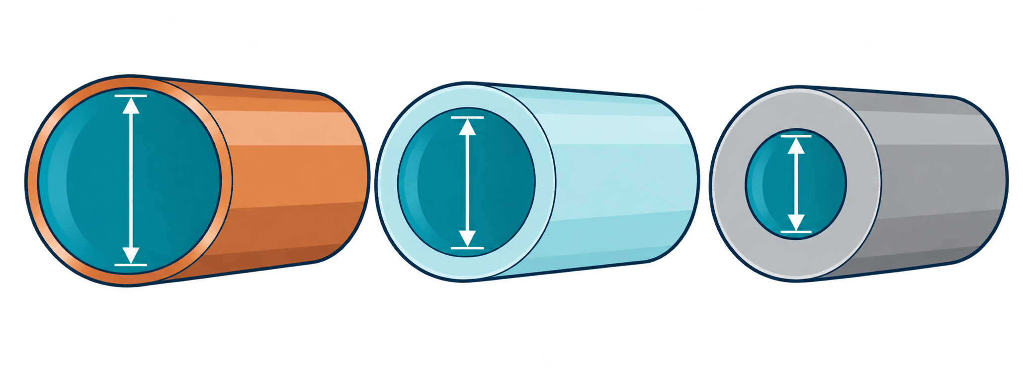 Three pipe cutaways with different wall thicknesses and different openings for water, showing why pipes with the same printed size can carry water differently.