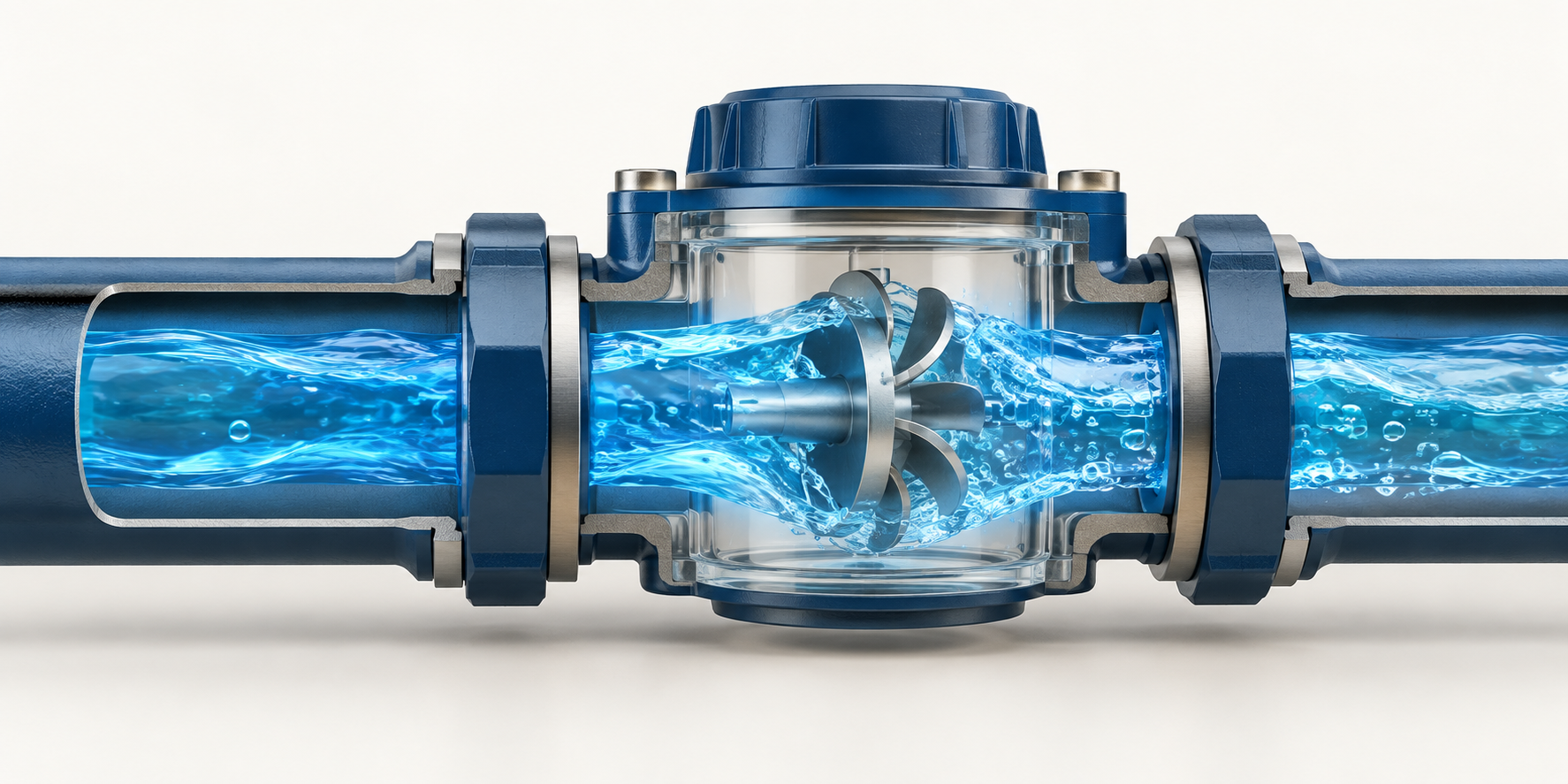 Water flowing through an inline flow meter in a pipe section