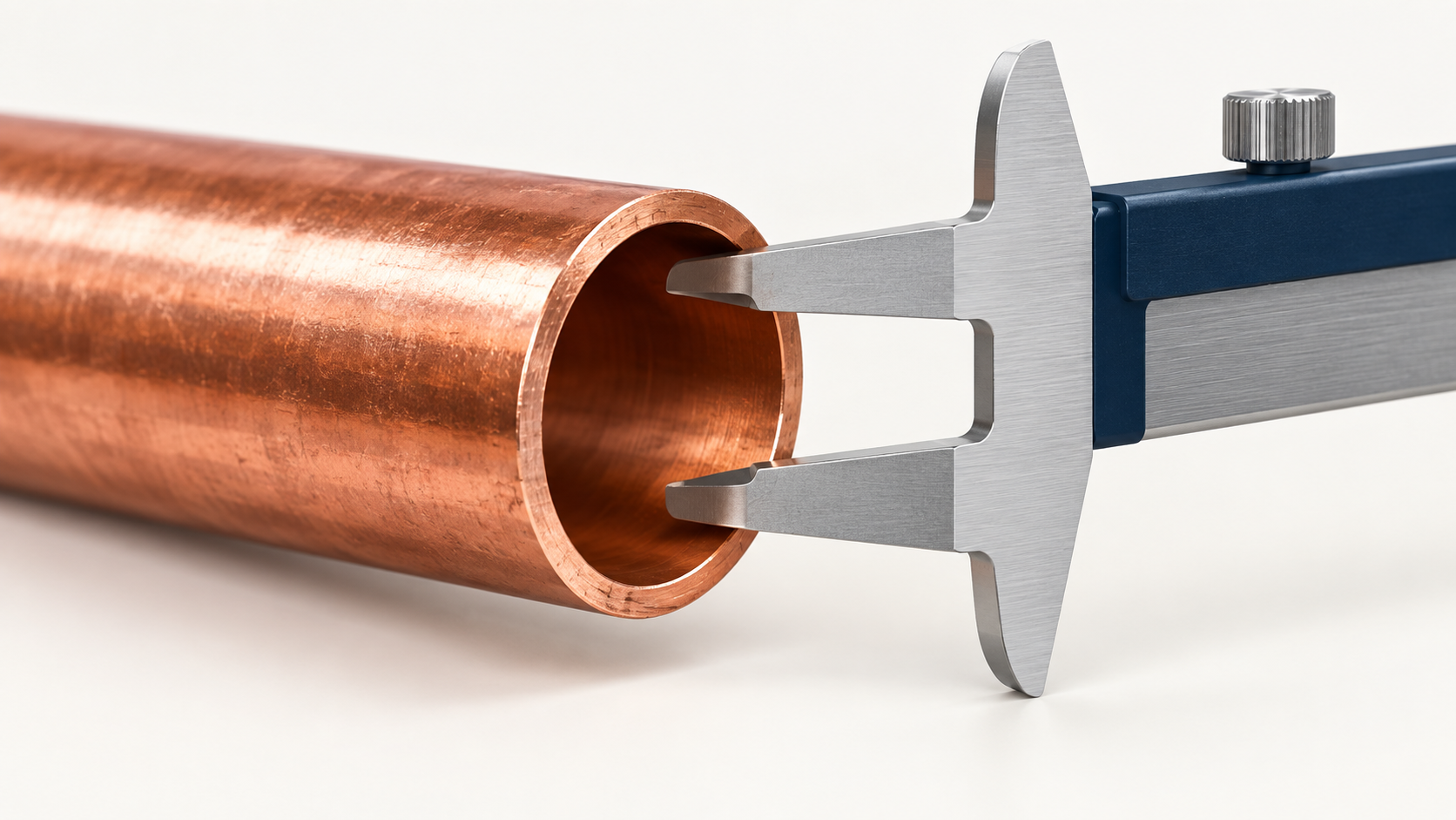 Caliper measuring the open inside diameter of a copper pipe
