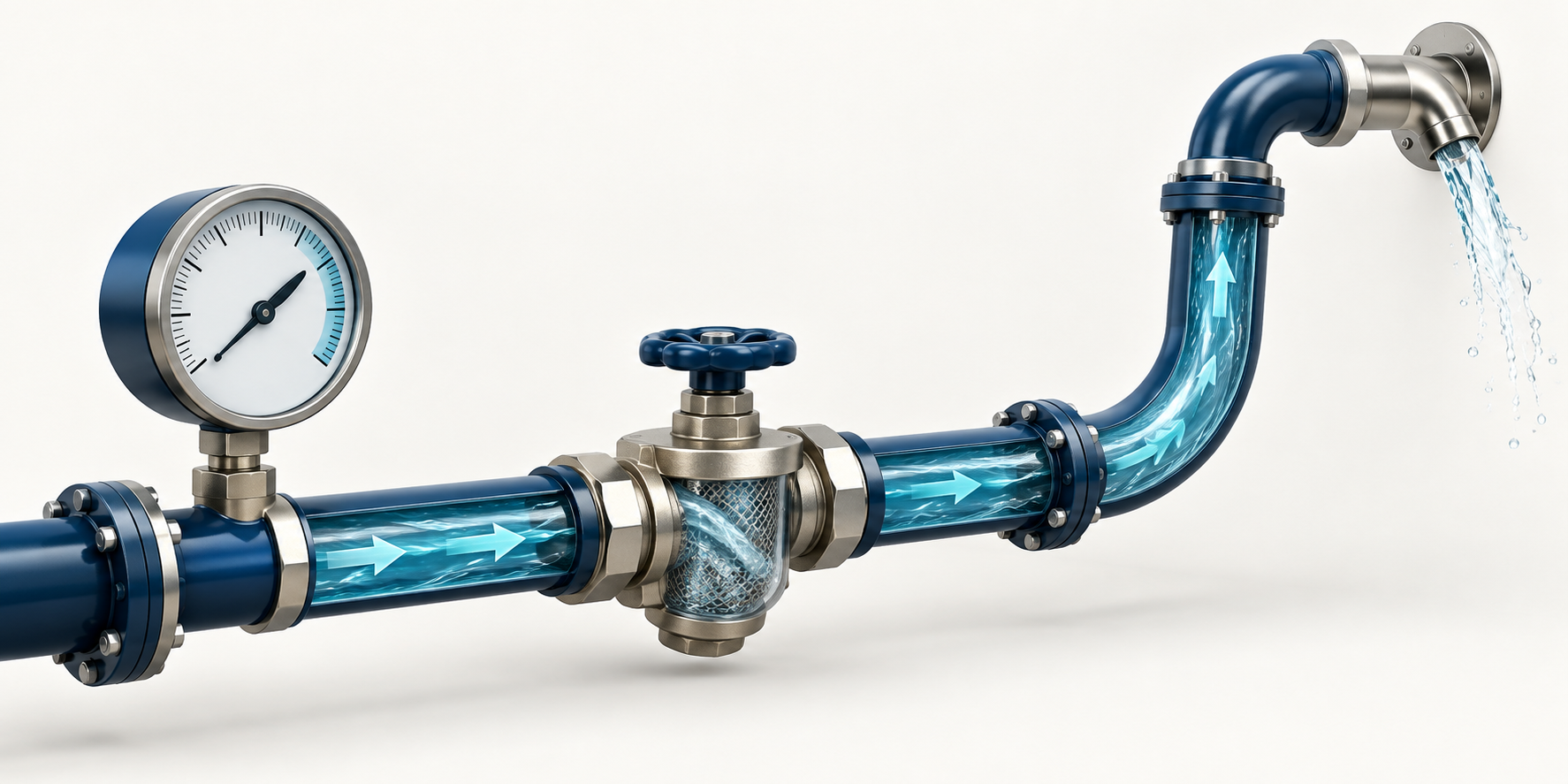 Pressure gauge, filter, and an uphill water-pipe route to an outlet