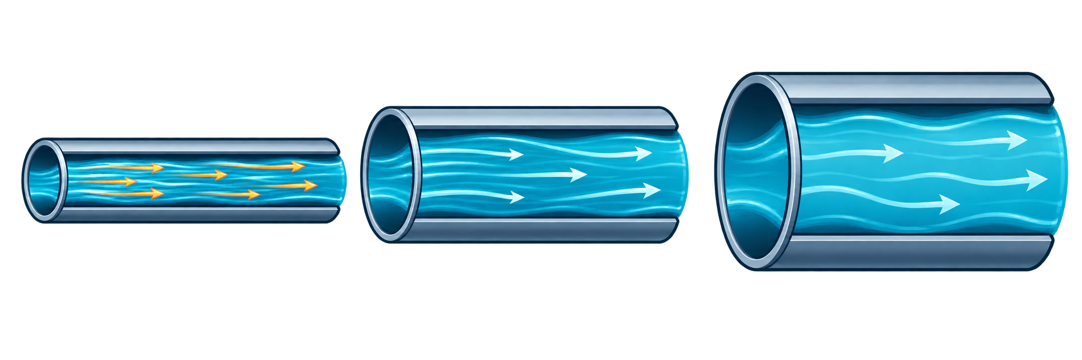 The same water moving through small, medium and large pipes; water moves fastest through the narrow pipe and more slowly through the larger pipes.