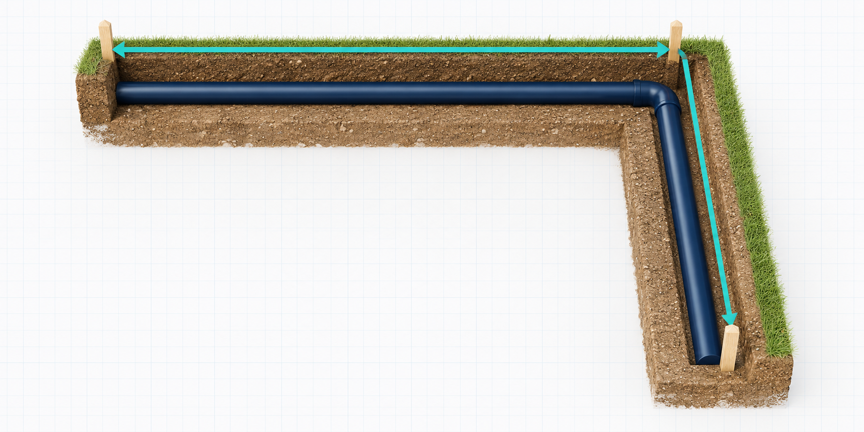 An L-shaped pipe trench route with teal arrows following both legs of the planned trench.