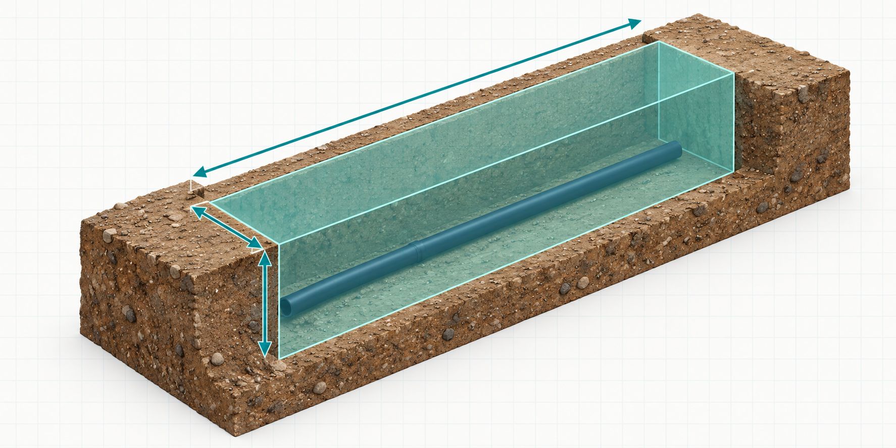 An isometric rectangular trench with a translucent teal volume block and arrows for length, width, and depth.