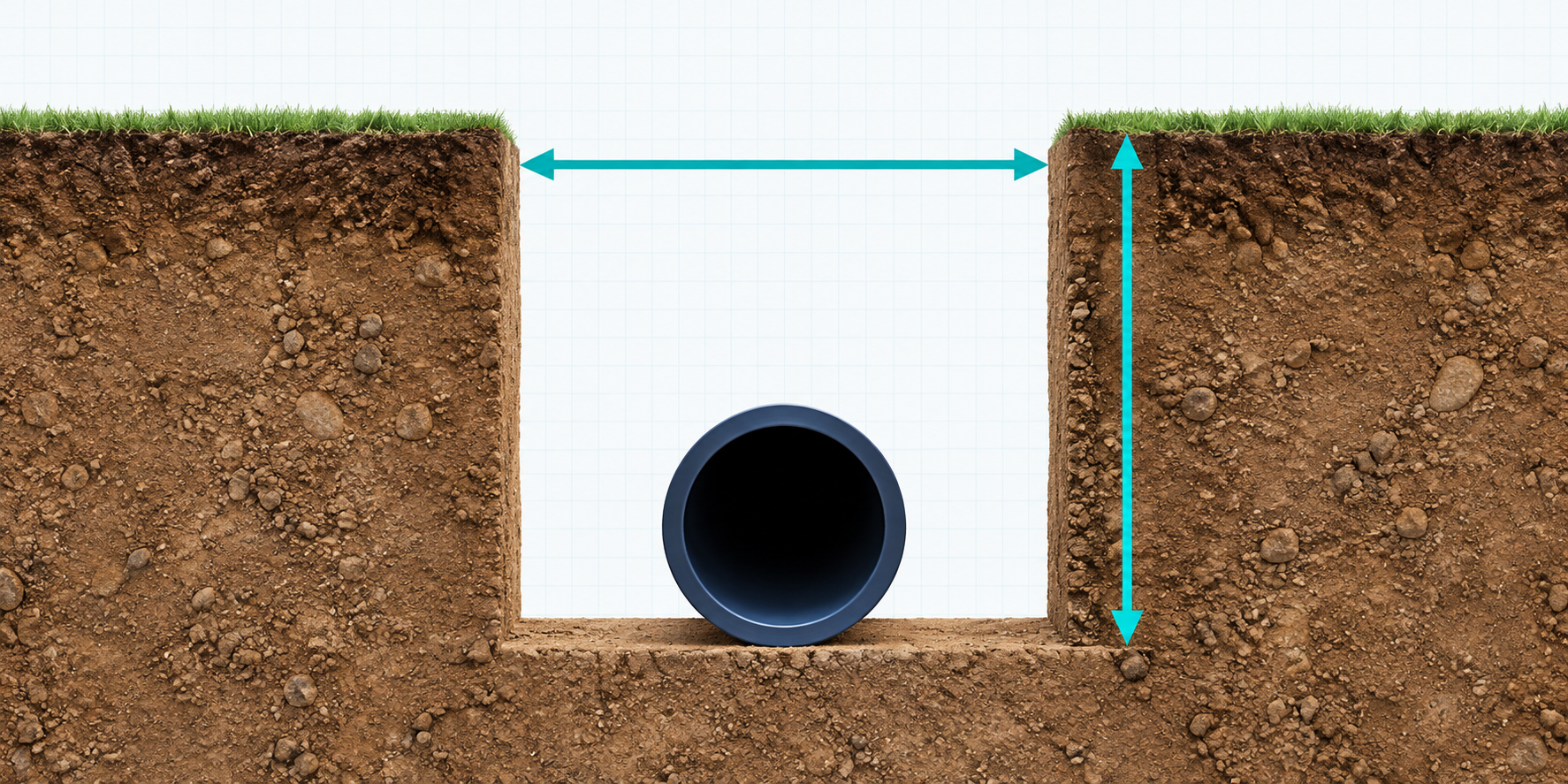 A straight-sided trench cross-section with arrows showing planned width and depth.