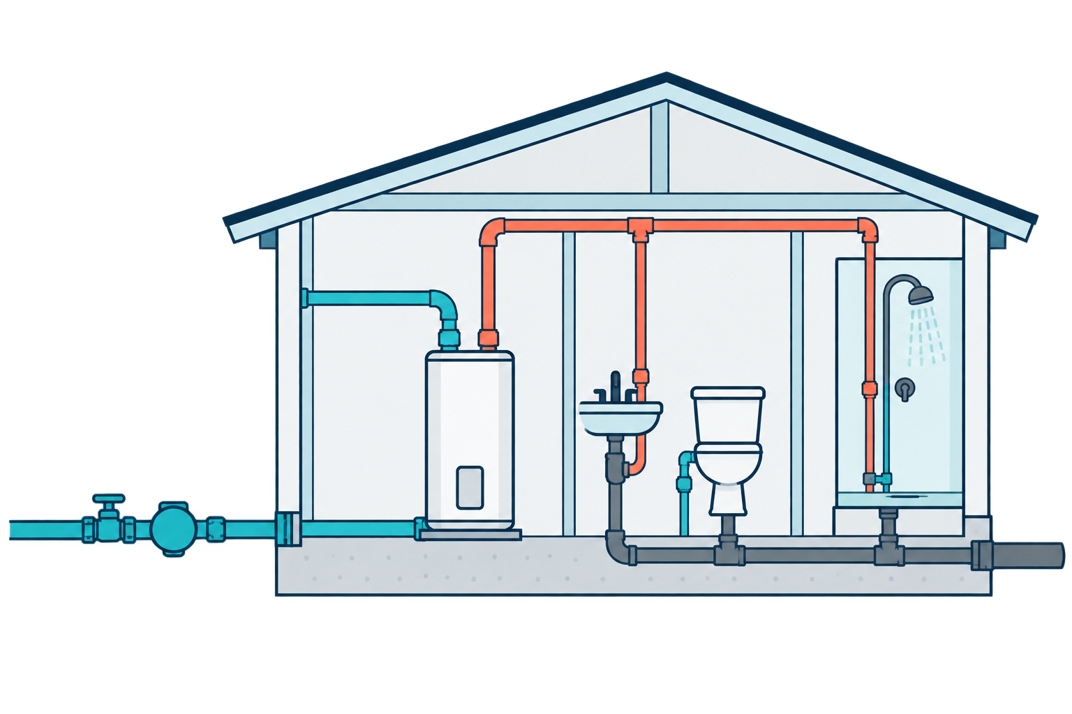 Illustration of a home's water service, water heater, plumbing fixtures and drain line.