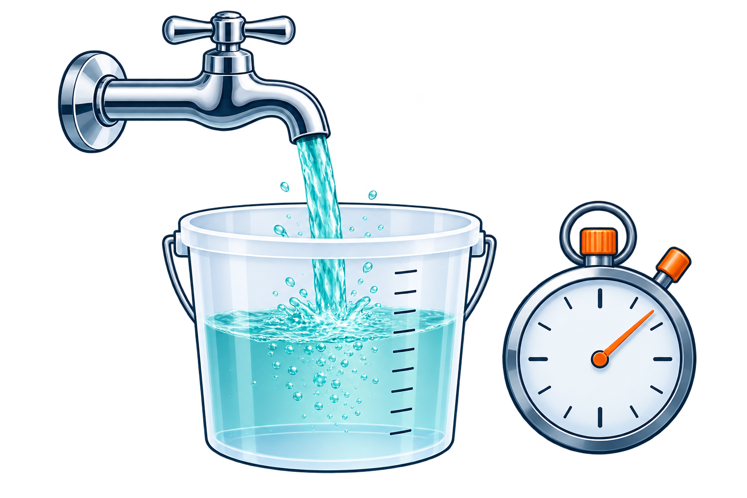 A tap filling a measuring bucket while a stopwatch records the test time