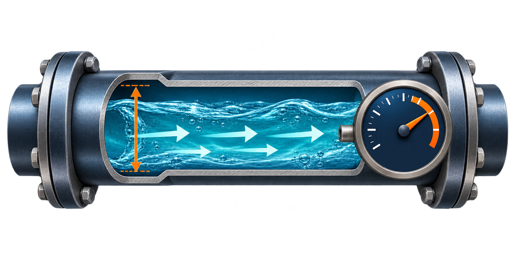 A cutaway water pipe showing its inside opening and arrows that indicate water speed