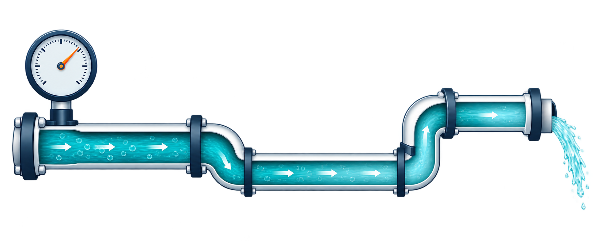 A pressure gauge and water pipe route showing bends and an elevation rise before an outlet