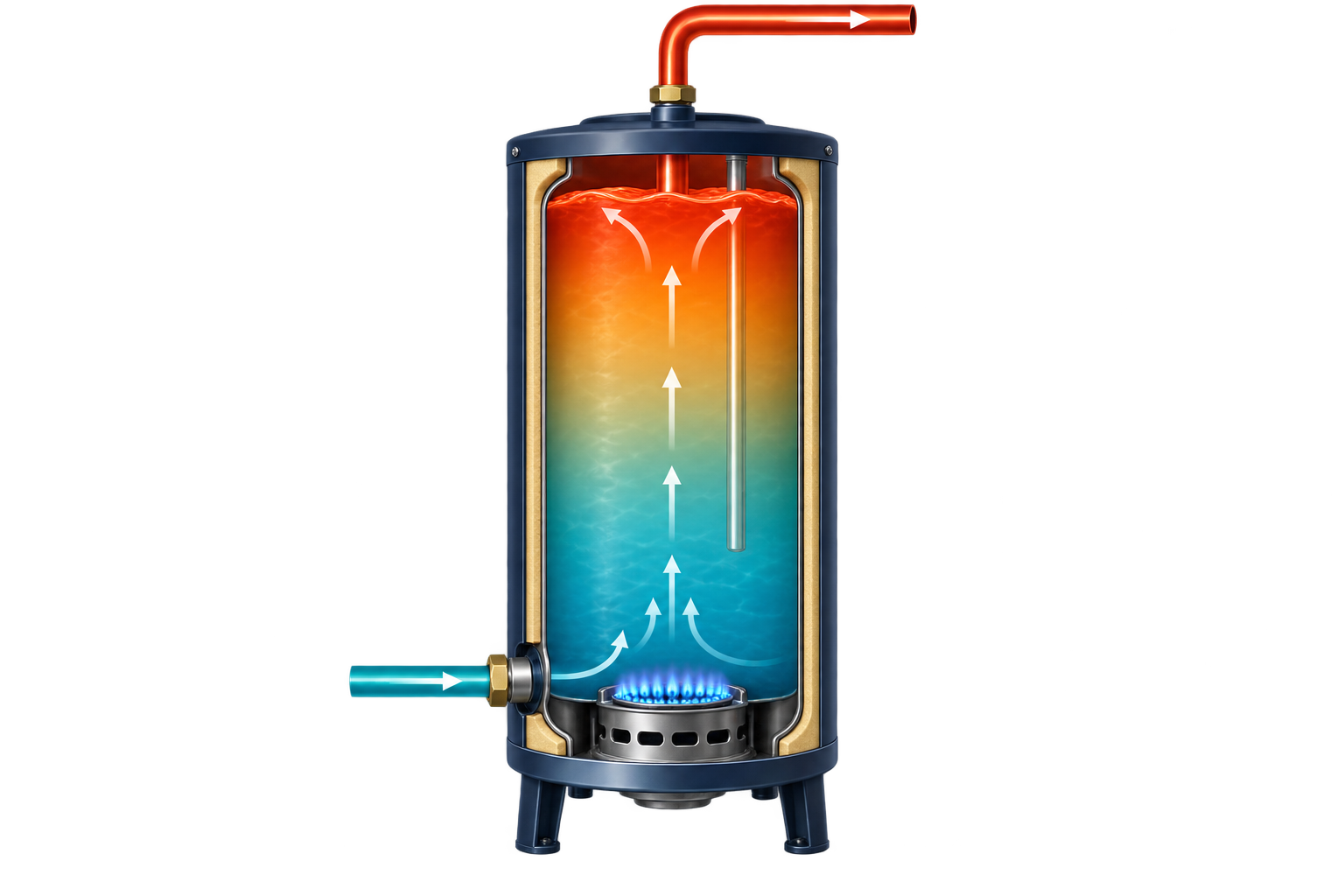 Cutaway storage water heater showing cold water entering at the bottom, hot water leaving at the top, and heat warming the water inside.