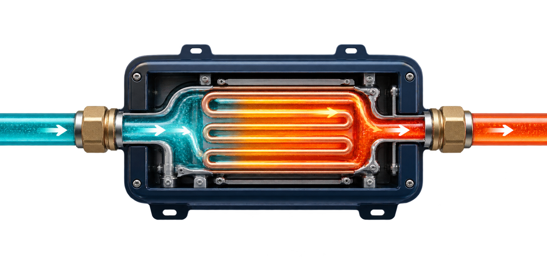 Cutaway tankless water heater showing cold water entering from the left, flowing through a heated exchanger, and leaving as hot water on the right.